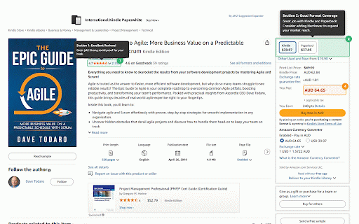 Scribando Book Marketing For Amazon KDP Books :: Analyzes Amazon KDP book performance with metrics like BSR, reviews, and content quality, displaying insights in an overlay.