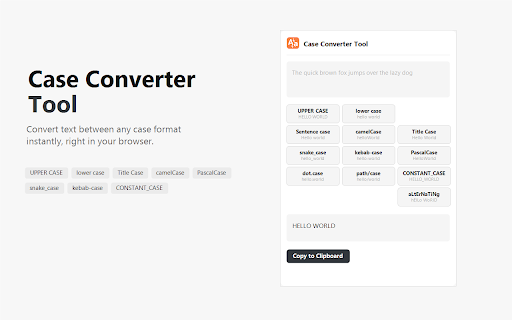 Case Converter Tool :: Convert text between UPPER CASE, lower case, Title Case, Sentence case, camelCase, PascalCase, snake_case, kebab-case and more.
