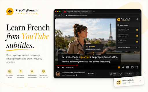 PrepMyFrench Immersion :: Learn French from YouTube subtitles with AI explanations and TEF/TCF practice.
