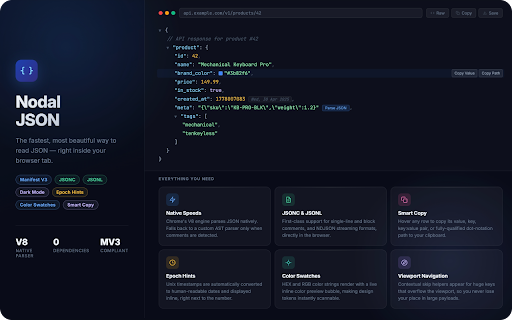 NodalJSON – Fast and Beautiful JSON viewer and formatter :: A fast, beautiful JSON viewer with tree navigation, JSONC support, color swatches, epoch hints, and smart copy actions.