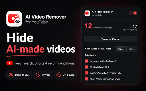 AI Video Remover for YouTube :: Hide or blur AI-generated videos on YouTube — feed, search, Shorts & recommendations. Private, on-device, no data collected.