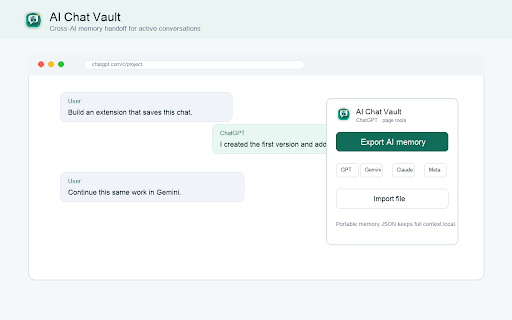 AI Chat Save & Import :: Transfer AI chat memory between ChatGPT, Gemini, Claude, Meta AI, and Manus with portable exports and continuation imports.