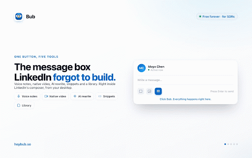 Bub – Voice Notes & Video for LinkedIn :: Send voice notes & native video from LinkedIn desktop. Plus AI rewrite and snippets. Free forever for SDRs.