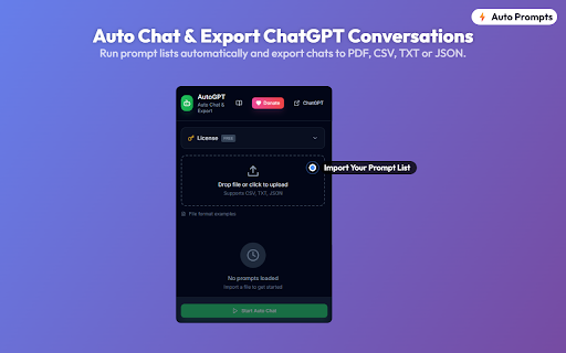 Auto Chat & PDF Export for ChatGPT :: Automate ChatGPT with bulk prompts (CSV/TXT/JSON). Auto-send, cleanup AI responses & export to DOCX/PDF. Save hours!