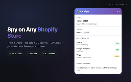 StoreSpy — Shopify Theme & App Detector :: Detect Shopify themes, apps, and products. 100% local, never goes down.