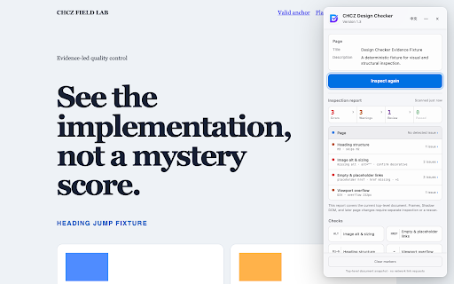 CHCZ Design Checker :: Inspect page implementation, WCAG text and icon contrast, and AI search visibility—on demand, without analytics.