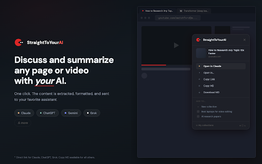 StraightToYourAI — Send any Page or Video to ChatGPT, Claude, Grok... :: Discuss and summarize any web page or YouTube video with your favorite AI assistant. One click. Free. Unlimited. No account.