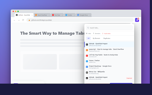QuickTab - Smart Tab Manager :: Search, organize, and manage your browser tabs instantly. Close duplicates, group by domain, save sessions. Lightweight & fast.