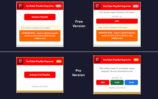 YouTube Playlist Exporter :: Download YouTube playlists as CSV, Excel or JSON. Free: up to 50 videos per list. Pro: unlimited export.