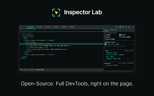 Inspector Lab - DevTools :: A movable in-page DevTools window for any browser, even iPad: DOM Inspector, Elements, Console, Network, Sources, Cookies, Storage.