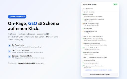 SEO & GEO Checker :: Prüft On-Page-SEO, GEO/LLM-Lesbarkeit und Schema-Markup der aktuellen Seite. Läuft nur auf Klick.