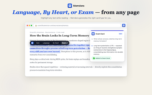 Memdora :: Turn anything you read into spaced-repetition flashcards. Highlight, hover, or paste — Memdora captures it.
