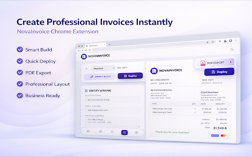 NovaInvoice: Pro Invoicing :: Website-linked invoice workspace bridge with MV3-safe local code only.