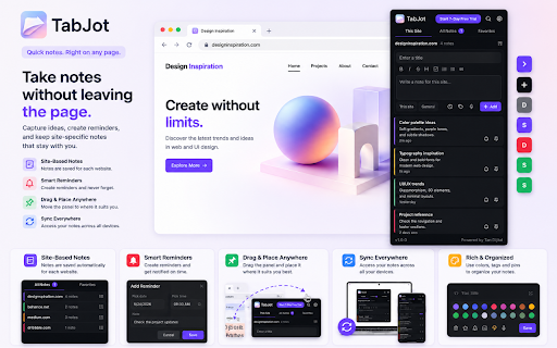 TabJot - Notes & Reminders per Site :: Keep notes and reminders for each website. Your notes reappear when you return. Private, local, no account needed.