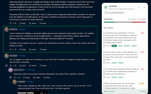 EvidSeek :: Analyze Reddit discussions and Amazon reviews with AI insights linked to supporting comments and reviews.
