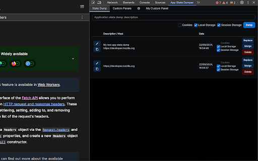 App State Dumper :: Allows to dump local, session storages and cookies, and make custom panels with custom configurations.