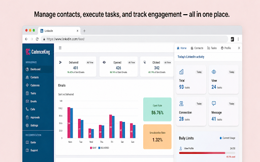 CadenceKing :: CadenceKing for LinkedIn — Sales Outreach, Supercharged
Stop switching tabs. Start closing more meetings.
If you’re an SDR…