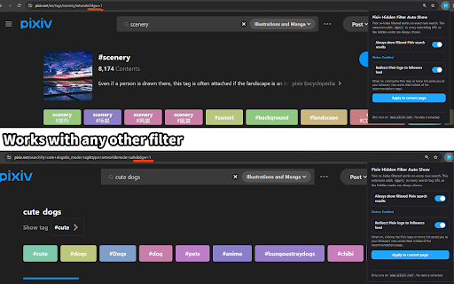 Pixiv Hidden Filter Auto Show :: Always shows works hidden by Pixiv's search filter by automatically adding dgw=1 to every search and tag URL.