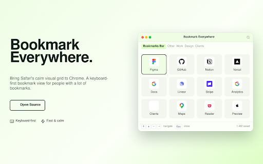 Bookmark Everywhere: Keyboard centric, Card layout & Sync :: Open a snappy bookmark gallery everywhere. Keyboard driven with powerful search. Card layouts and HD icons. Sync across browsers.