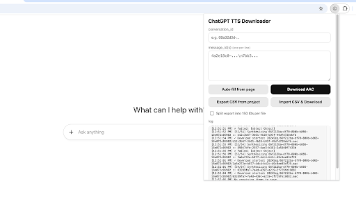 ChatGPT TTS Downloader :: Popup with conversationId + messageId that fetches AAC from ChatGPT and downloads it.