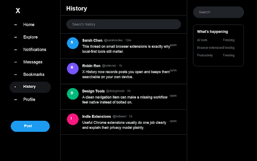 X History :: Local history for X: posts you open, like, repost, or carefully read. Search later. Stays on device.