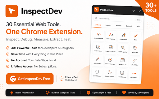 InspectDev :: 30 developer tools built into your browser. Inspect, edit, extract, and debug any webpage.