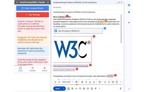 Gmail Accessibility Checker :: Inspects Gmail compose window for WCAG 2.1 AA accessibility issues and provides visual feedback.
