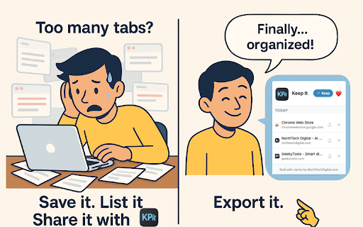 Keep It :: Quickly save and organize web pages using a simple floating prompt. Clean, minimal interface for managing saved links.
