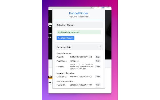 Funnel Finder :: Automatically detect HighLevel websites/funnels and extract data for support representatives