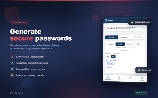 Geslar :: Besplatni password manager na hrvatskom — Škrinjar za lozinke, TOTP 2FA, auto-fill, generator fraza i provjera curenja