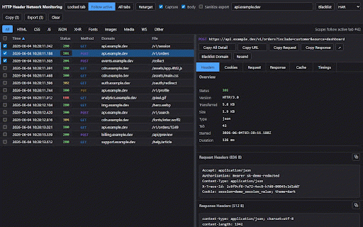 HTTP Header Network Monitoring :: Persistent tab-scoped HTTP monitor with headers, bodies, docked DevTools panel, blacklist rules, resend, and HAR/JSON exports.