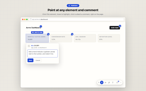 Pinpoint :: Point at any element on your live site, comment, and hand off agent-ready tasks — nothing leaves your machine.