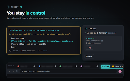 TheGitAI :: Control your browser with TheGitAI. It works in the browser you already have open, on the tools a script can't reach.