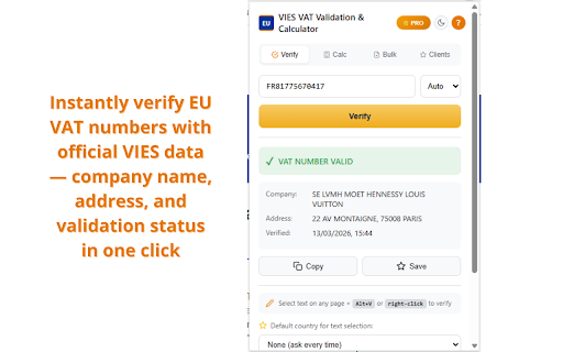 VIES VAT Validator - EU VAT Number Checker :: Verify EU, Swiss & Norwegian VAT numbers via official VIES. Bulk validation, PDF certificates, VAT calculator, dark mode.