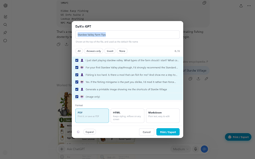 DaYin GPT :: Export ChatGPT conversations to PDF, HTML or Markdown, exactly as they look. Pick the messages you want. Everything runs locally.