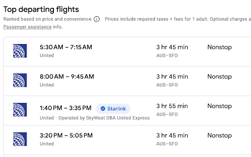 Google Flights Starlink Indicator :: Highlights flights with Starlink WiFi on Google Flights