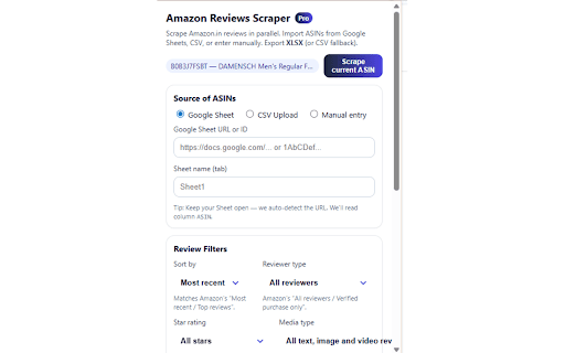 Amazon Reviews Scraper Pro :: Scrape Amazon.in reviews for ASINs (from Google Sheets, CSV, or manual).