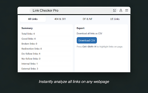 Link Checker Pro :: Scan and export all 404s, redirection, do-follow, no-follow, internal, and external links on any webpage in one click.