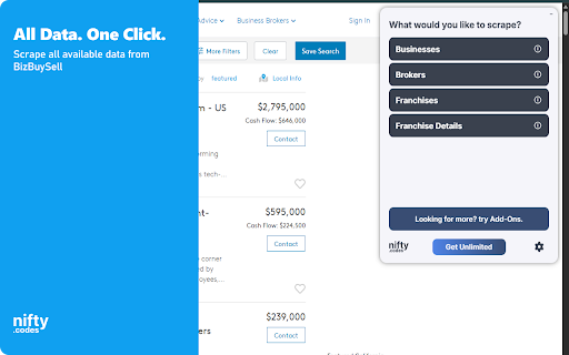 BizBuySell Scraper: Export Business, Franchise, Brokers & More :: Scrape Business, Franchise, Brokers, and more from BizBuySell, with options to export in formats such as CSV, Excel, JSON, and more.