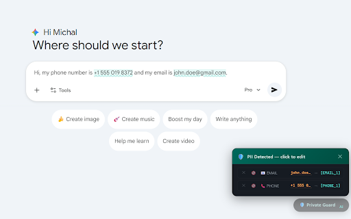 Private Guard — PII Redaction :: Automatically redacts Personally Identifiable Information before it reaches web-based LLMs, and restores it in responses.