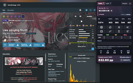 osu! standard pp calculator :: Compact osu! standard pp calculator with stable/lazer modes for osu! beatmap and score pages.