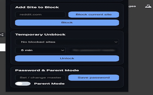 Site Blocker :: Block distracting sites. Temporary unblocks. Parent Mode with password. Privacy-first and fully offline.