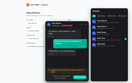 Skode Flow — Omnichannel CRM Extension :: Answer customers from a chat dock inside the pages you already work in — no copy-pasting, no tab-switching, no losing your place.