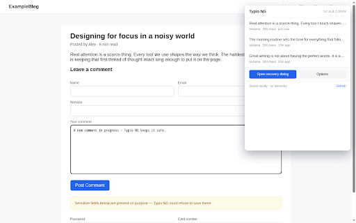 Typio Chrome Form Recovery NG :: Auto-save and recover text from web forms. Privacy-first, no servers, no telemetry. Typio-style form autosave and recovery.