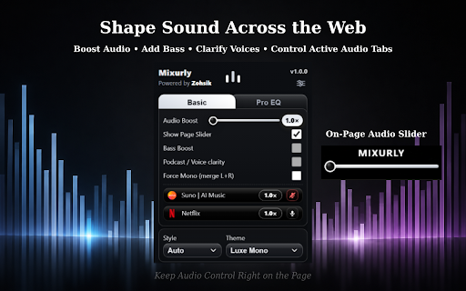 Mixurly - Shaping Sound Across URLs :: Boost and shape audio across URLs with per-site controls, EQ presets, and Mixurly Player.