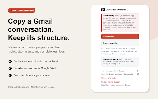 Copy Gmail Thread for AI :: Copy or export complete Gmail threads as AI-ready text for ChatGPT, Claude, or Gemini. Private, local, and no account.