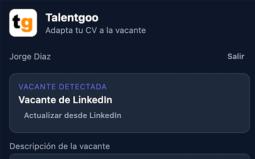 Talentgoo — Adapta tu CV :: Adapta tu CV a la vacante de LinkedIn que estás viendo, con la IA de Talentgoo.