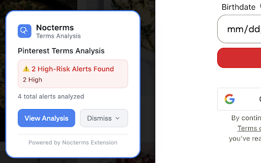 Nocterms - AI Terms & Conditions Analyzer :: Automatically analyze and understand the risks in any website's Terms & Conditions with AI-powered insights.