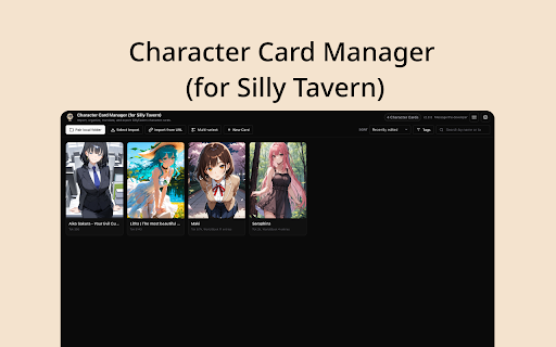 Character Card Manager (for Silly Tavern) :: A browser extension for managing local SillyTavern character cards. Quickly create, edit, and export character cards.