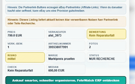 Fehr Algorithmus - eBay Analyse :: Automatische Risikoanalyse, Preisbewertung und eBay-Partnerlinks direkt auf eBay-Produktseiten.